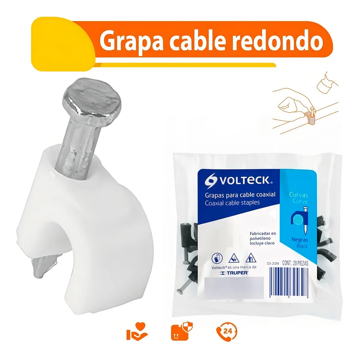 Grapas curvas Volteck de 5 mm para cable, bolsa con 20 piezas