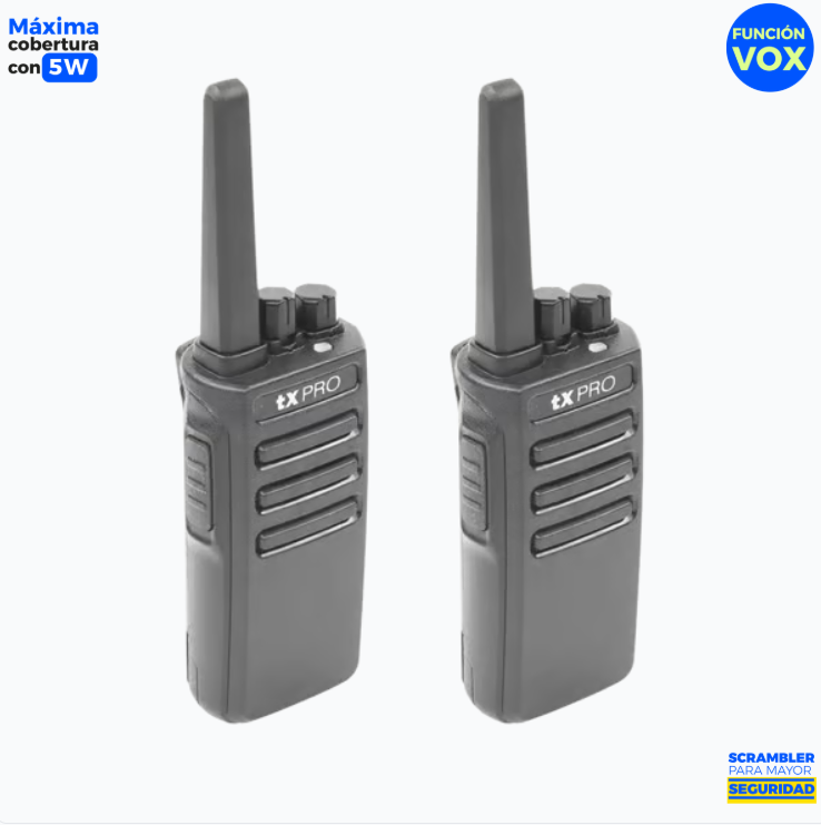 Par de radios TX500 VHF 136-174 MHz con 5 watts de potencia, 16 Canales Preconfigurados