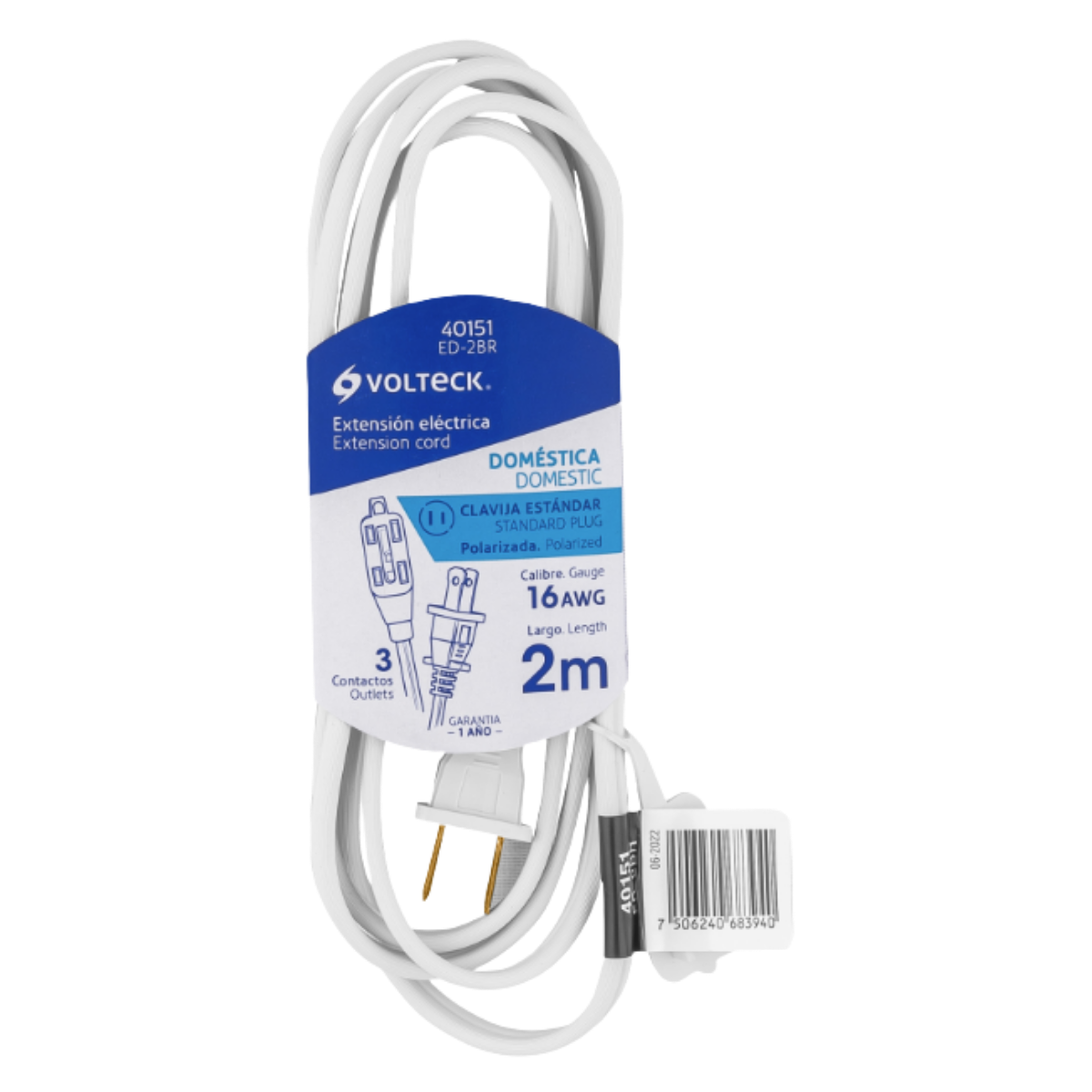 EXTENSIóN ELéCTRICA DOMéSTICA 2 M BLANCA CON CLAVIJA RECTA