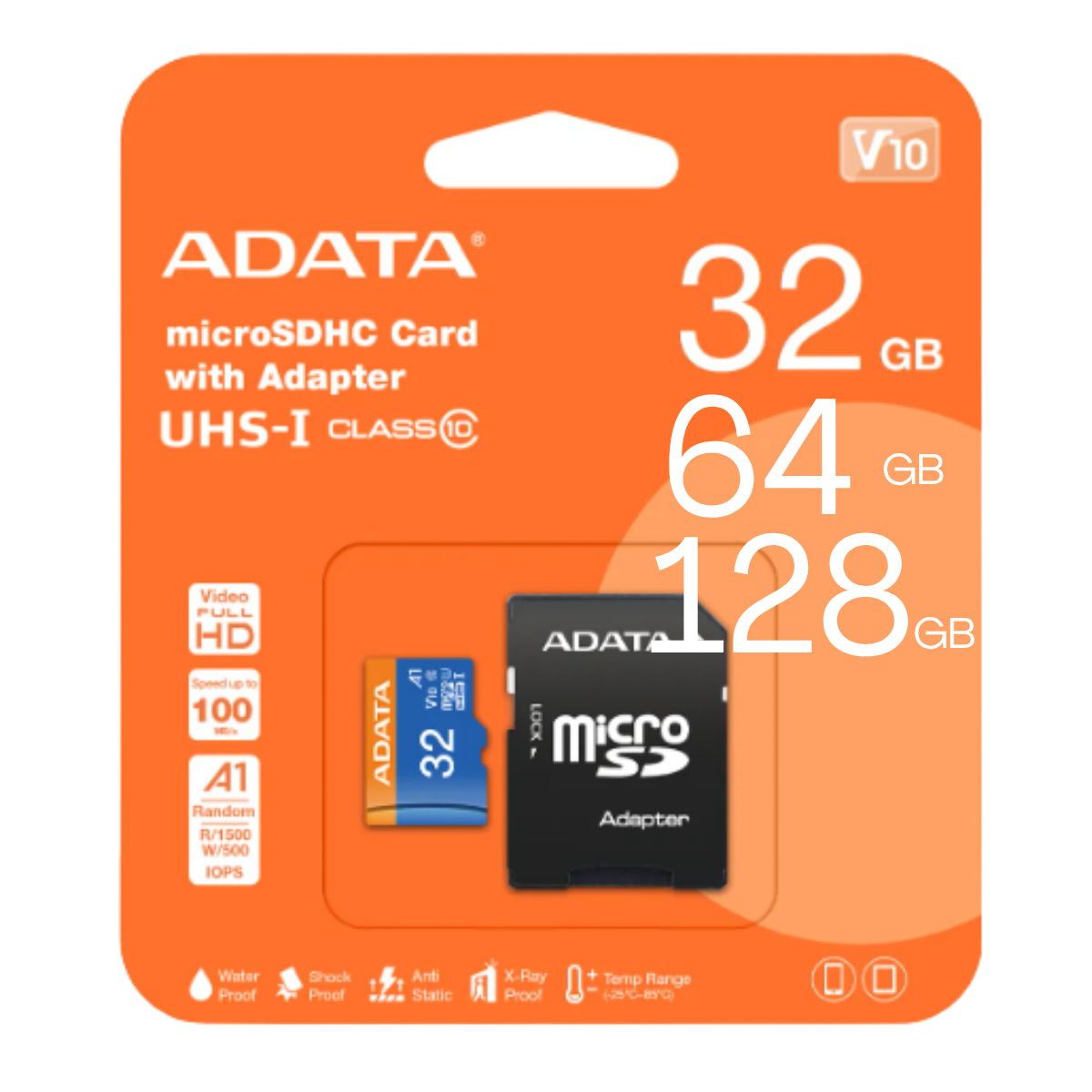 Micro SD ADATA AUSDX64GUICL10A1-RA1, 16,32,64,128GB, 100 MB/s, 25 MB/s, Negro, Clase 10