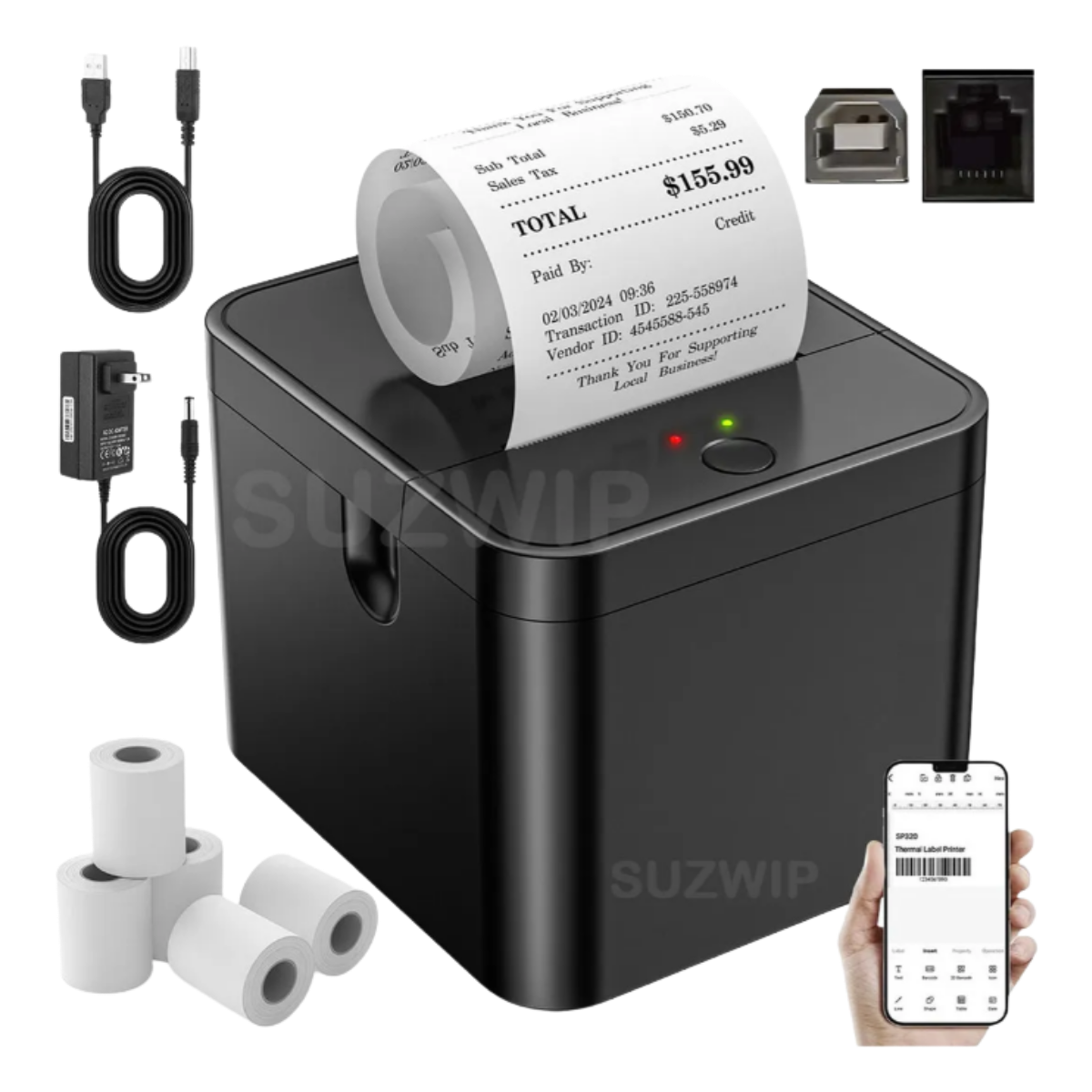 Impresora Térmica Ticket Recibos 58mm Suzwip Bluetooth+usb Con 5 Rolls Paper Impresora Bluetooth Negro