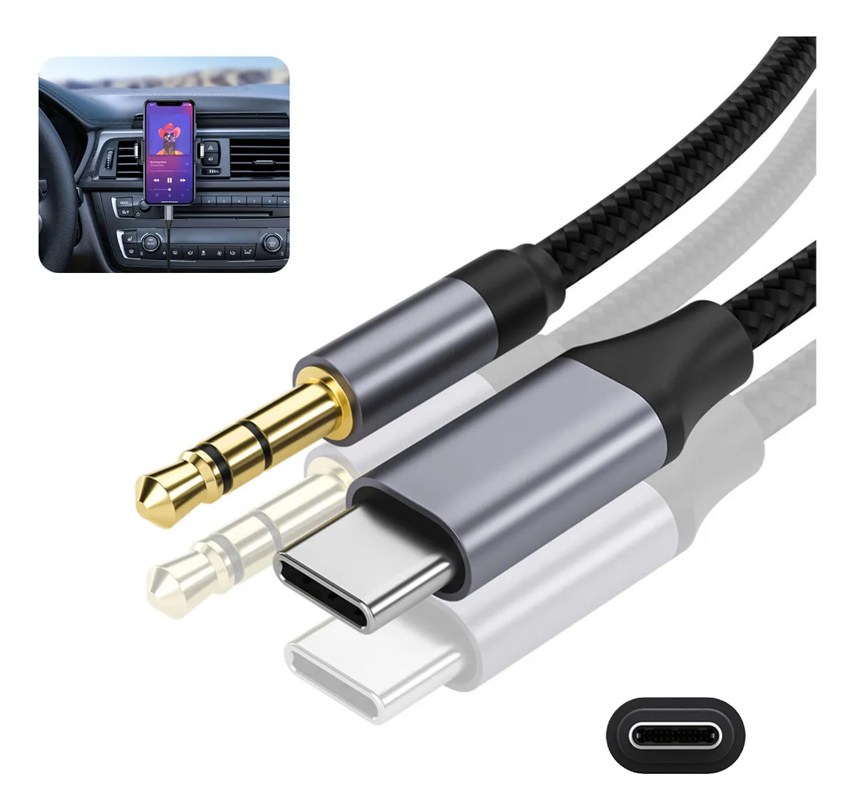 1m Cable Auxiliar Tipo C A Jack 3.5mm 2pcs Negro Para Auto