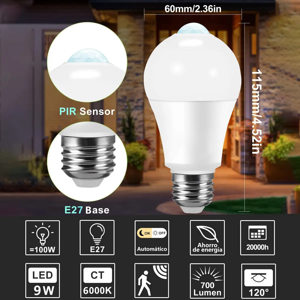 Foco LED con Sensor de Movimiento 9W, Luz Blanca, Sensor De Movimiento