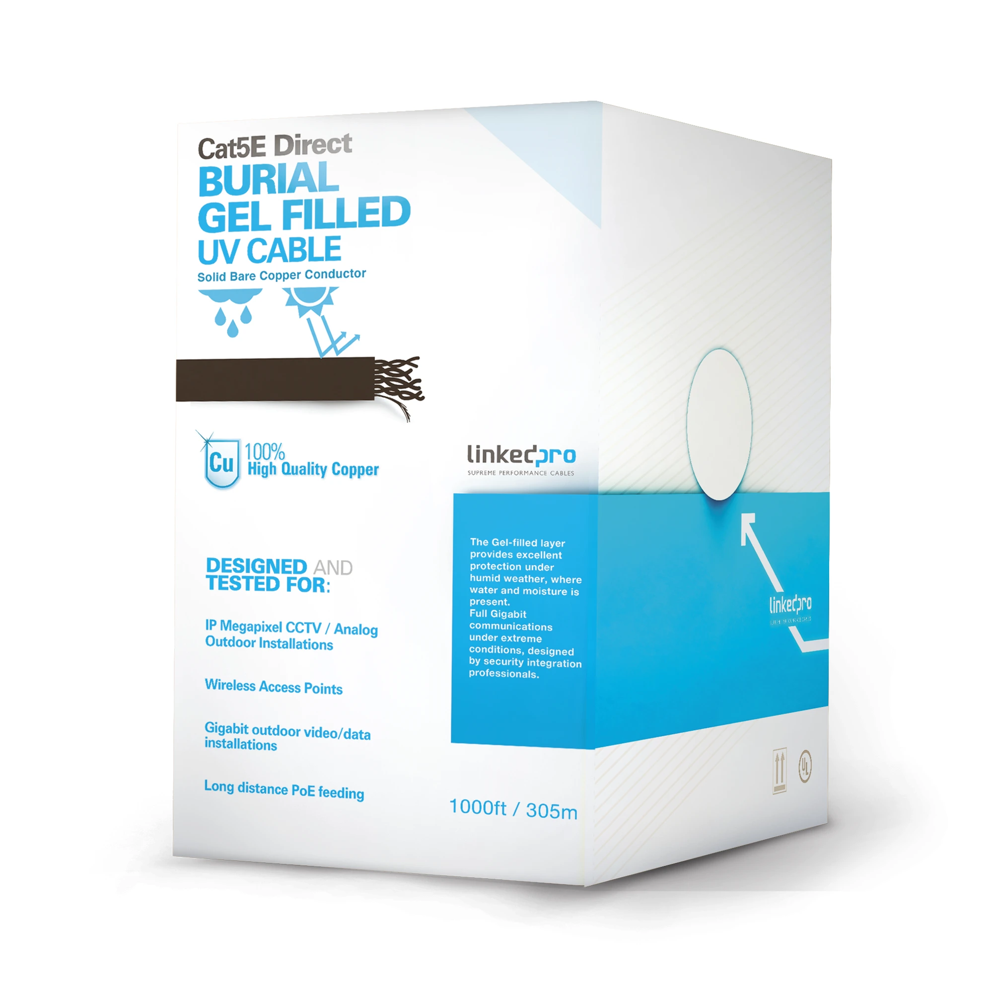 Bobina de Cable de 305 Metros (1000 Pies), Cat5E, con Gel, para Intemperie