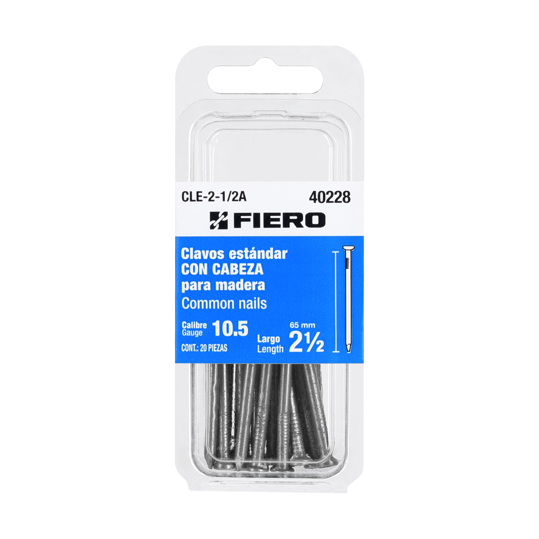 Clavo y pija de fijación, C -2-1 2A 10.5 (65 mm) 20, Fiero (clave CLE-2-1/2A, código 40228)