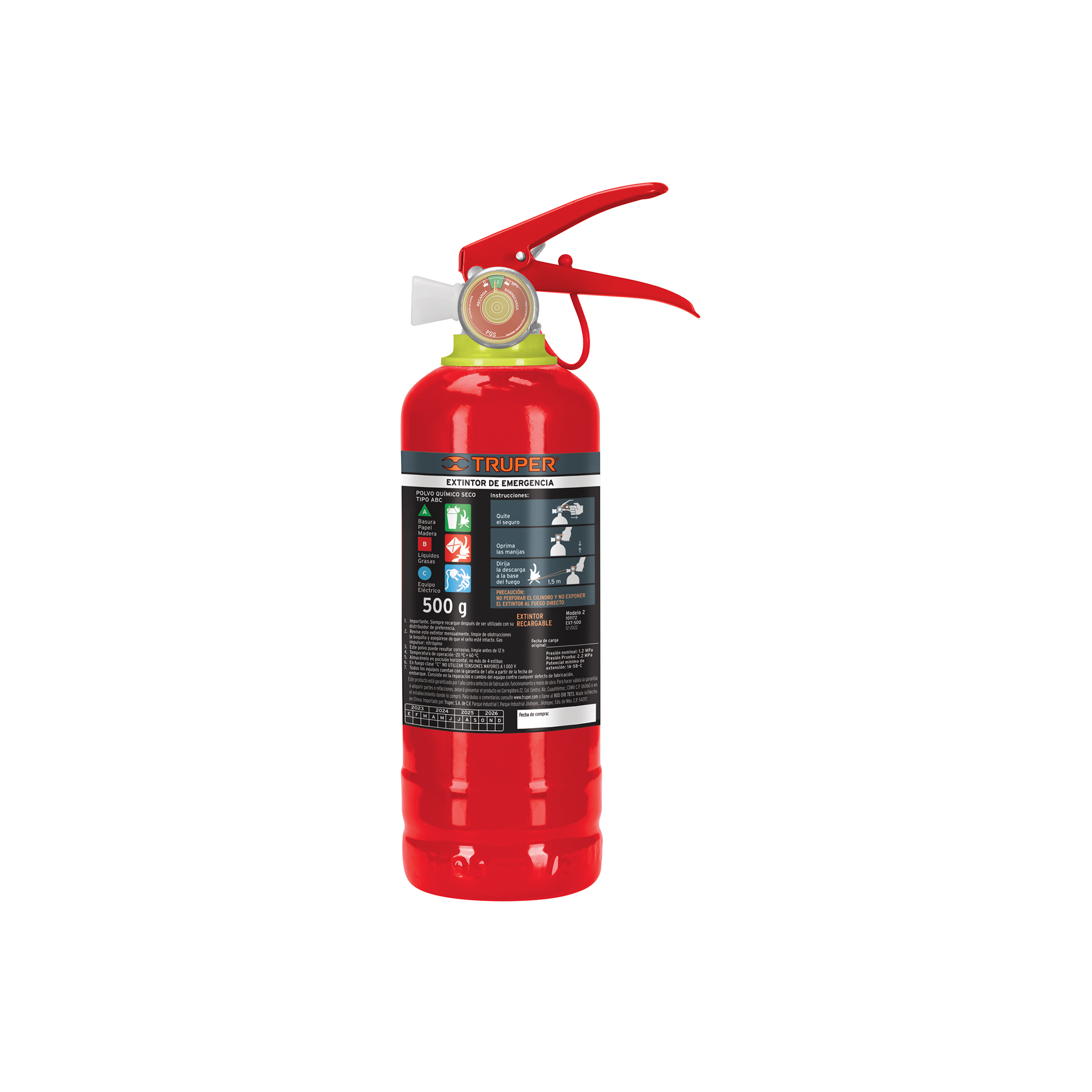Extintor y señalamiento de seguridad, 1.2 P 2.2 P 500 g 1.2 kg 7 × 28 cm 2 10, Truper (clave EXT-500, código 101172)